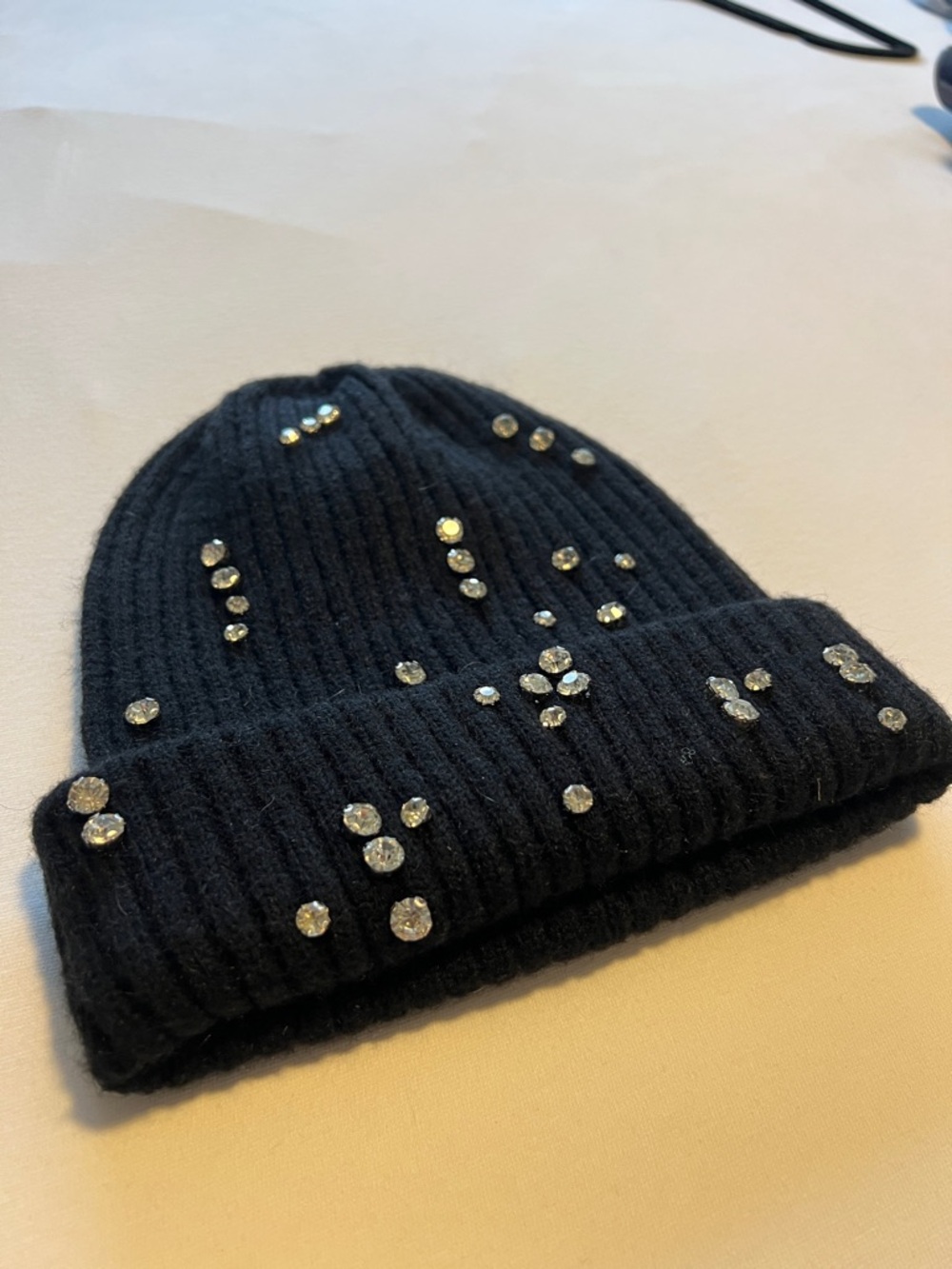 Embellished Black Ribbed Beanie with Rhinestones
